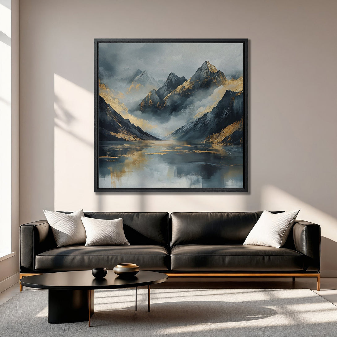Framed Wall Art: Mountain landscape Canvas Print in cool blues & gold tones. Modern art for living room decor. Enhance your space with this stunning piece!