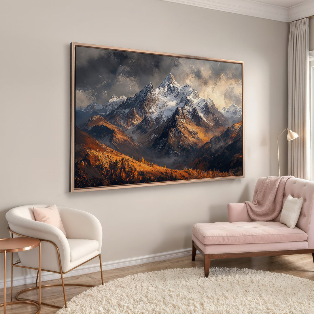 Framed Wall Art: Majestic mountain landscape canvas print in warm, earthy tones. Perfect for adding a touch of nature-inspired art to your home decor.