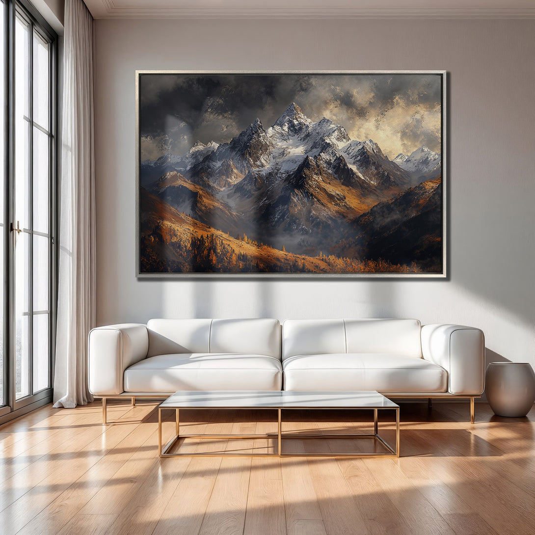 Framed Wall Art: Majestic mountain landscape canvas print in warm earth tones. Perfect for adding a touch of nature and elegance to your home.
