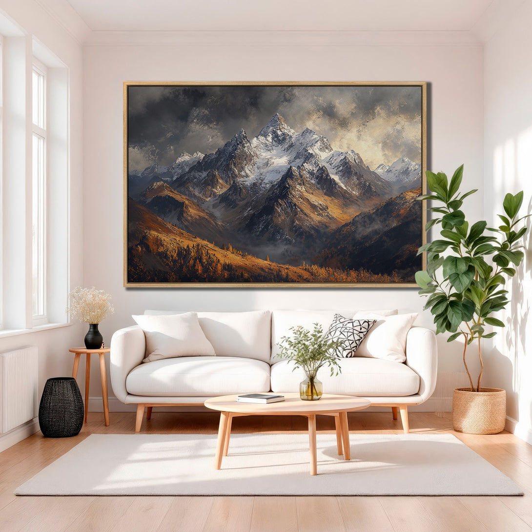 Framed Wall Art: Majestic mountain landscape canvas print in warm earth tones. Elevate your home decor with stunning nature art.
