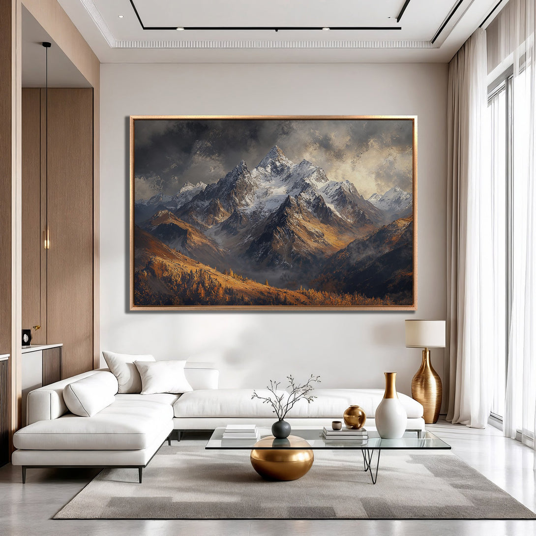 Framed Wall Art: Majestic mountain landscape canvas print in a modern interior. Earthy tones with a touch of gold create a stunning focal point.