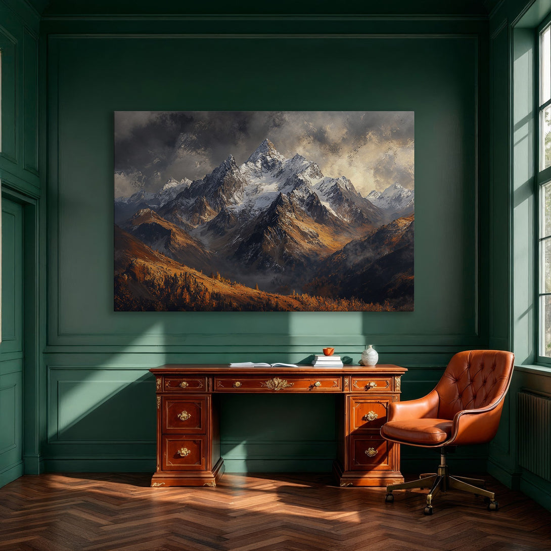 Framed Wall Art: Majestic mountain landscape Canvas Print in warm earth tones adds a touch of nature and elegance to any dining room.