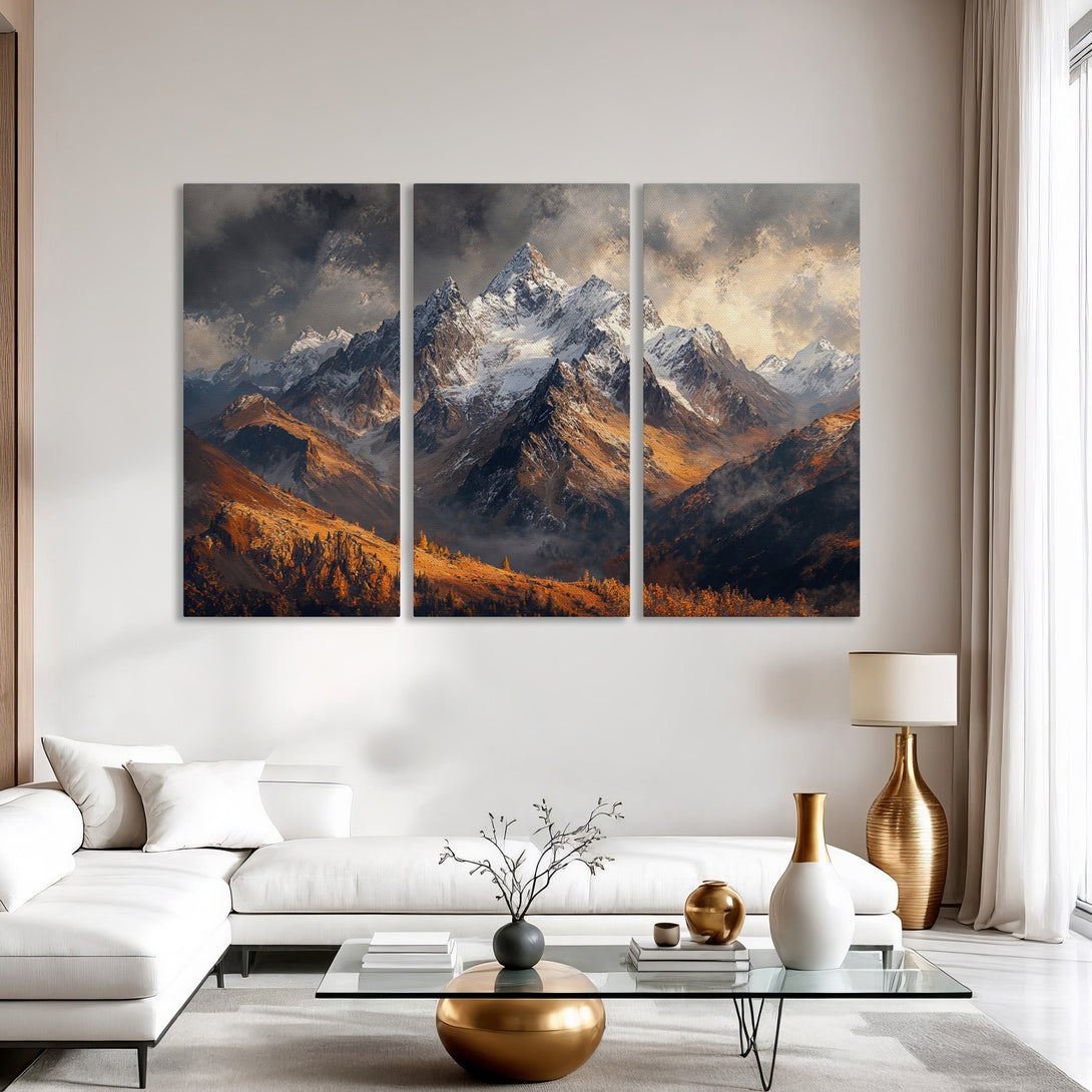Canvas Print of majestic mountain landscape art in warm earth tones. Perfect for modern home decor.