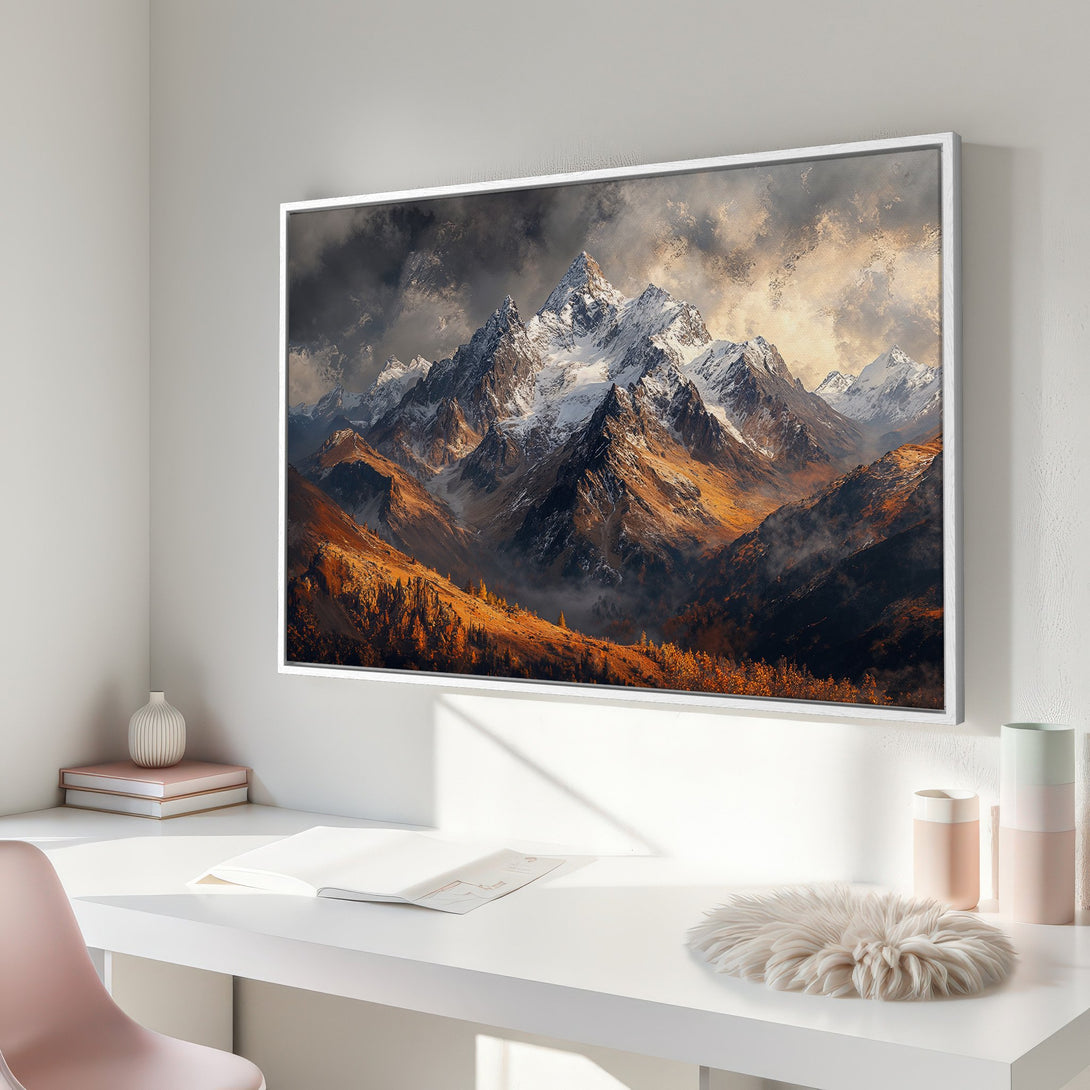 Framed Wall Art: Majestic mountain landscape canvas print in warm autumnal hues. Perfect for adding a touch of nature and modern style to your home decor.