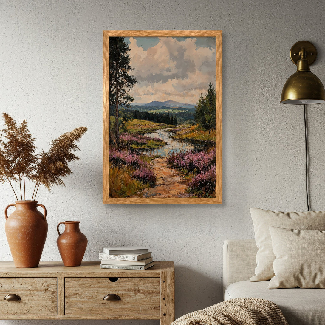 Framed Poster of a serene landscape painting with a warm, natural color palette. Perfect art for your home decor.