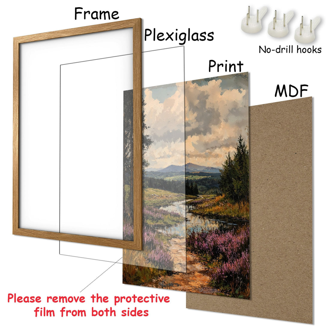 Framed Poster of a scenic landscape in a painterly style, featuring a river and mountains. Earthy tones and soft colors. Ready to hang.