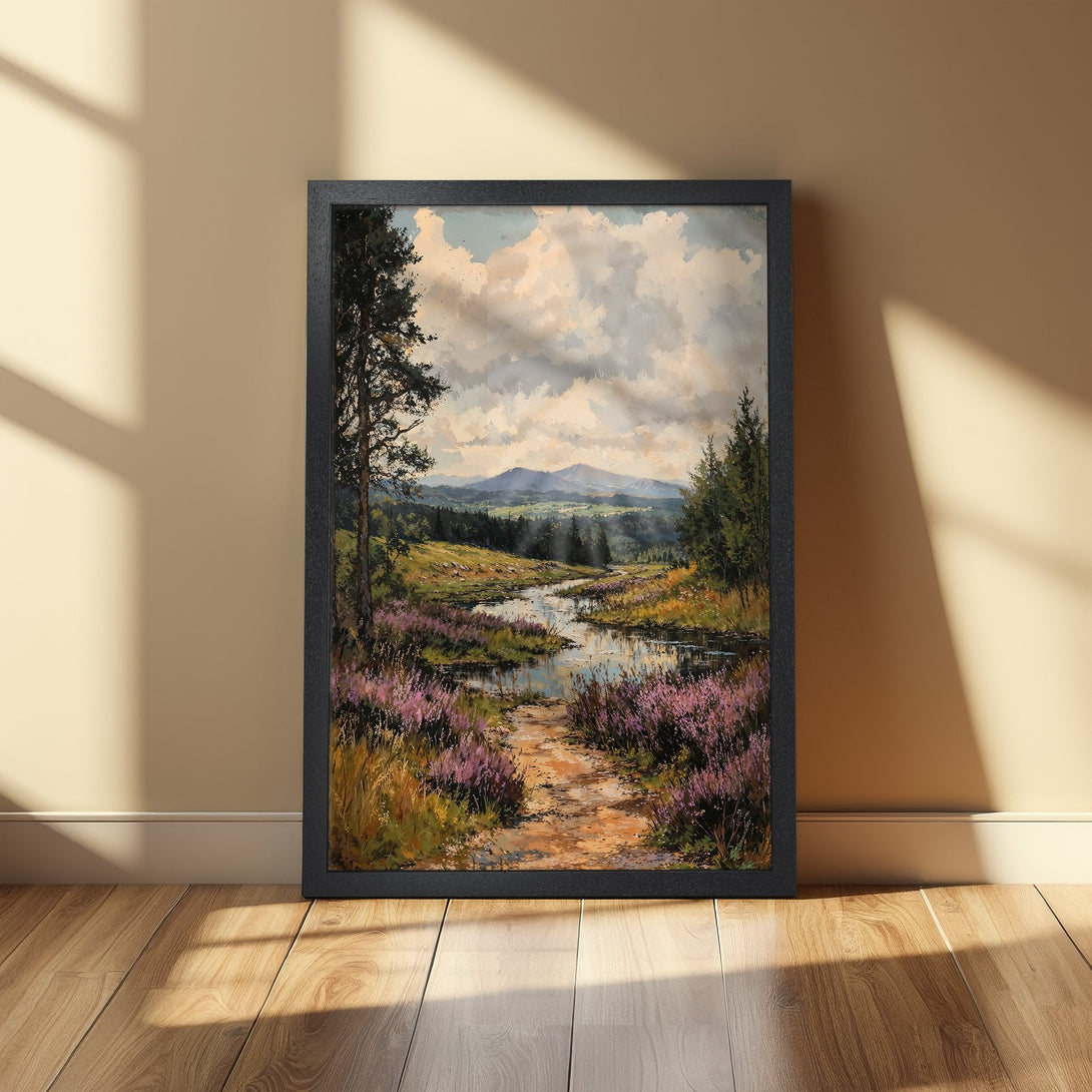 Framed Poster of a serene landscape painting with a river, purple flowers, and mountains. Earthy tones and a touch of sunlight.