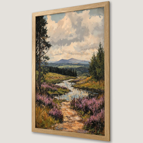 Framed Poster of a serene landscape painting with a river, mountains, and purple flowers. Earthy tones and impressionistic style.