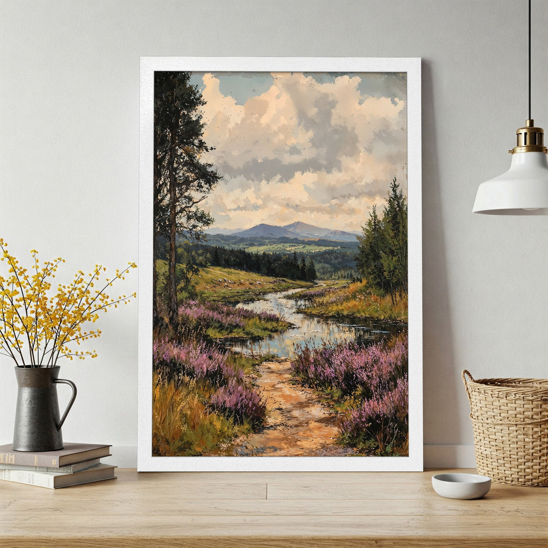 Framed Poster featuring a landscape painting with a river, path, and purple flowers. Warm, earthy tones and impressionistic style.