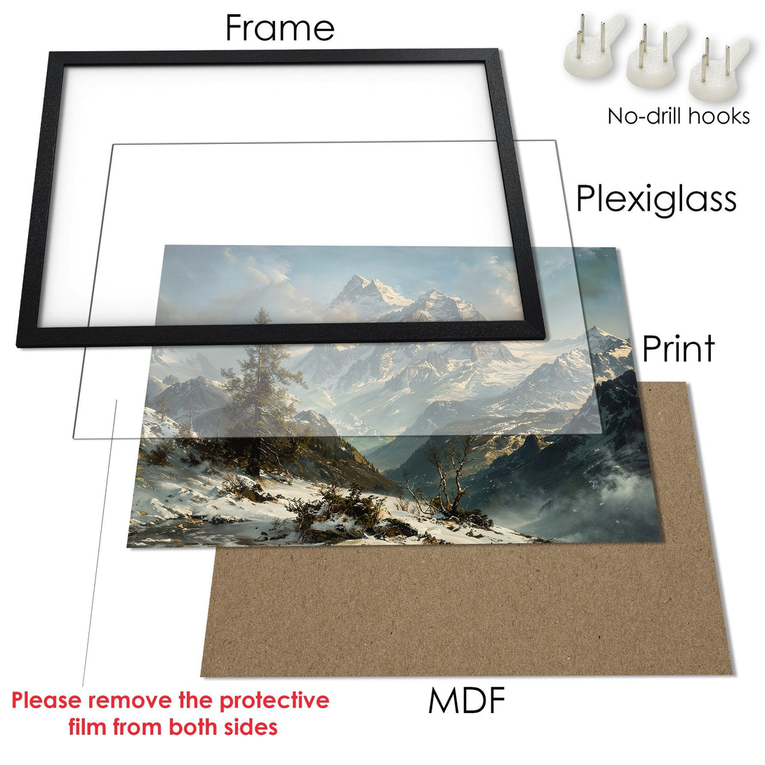 Framed Poster of a snowy mountain landscape in cool tones. A stunning piece of art for your home.