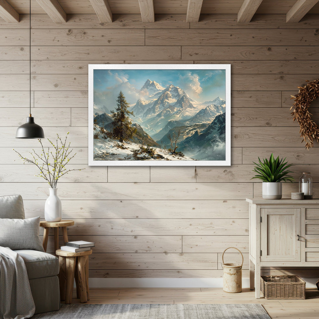 Framed Poster of a majestic mountain landscape in a painterly style, featuring a cool blue and white color palette. Perfect wall art!