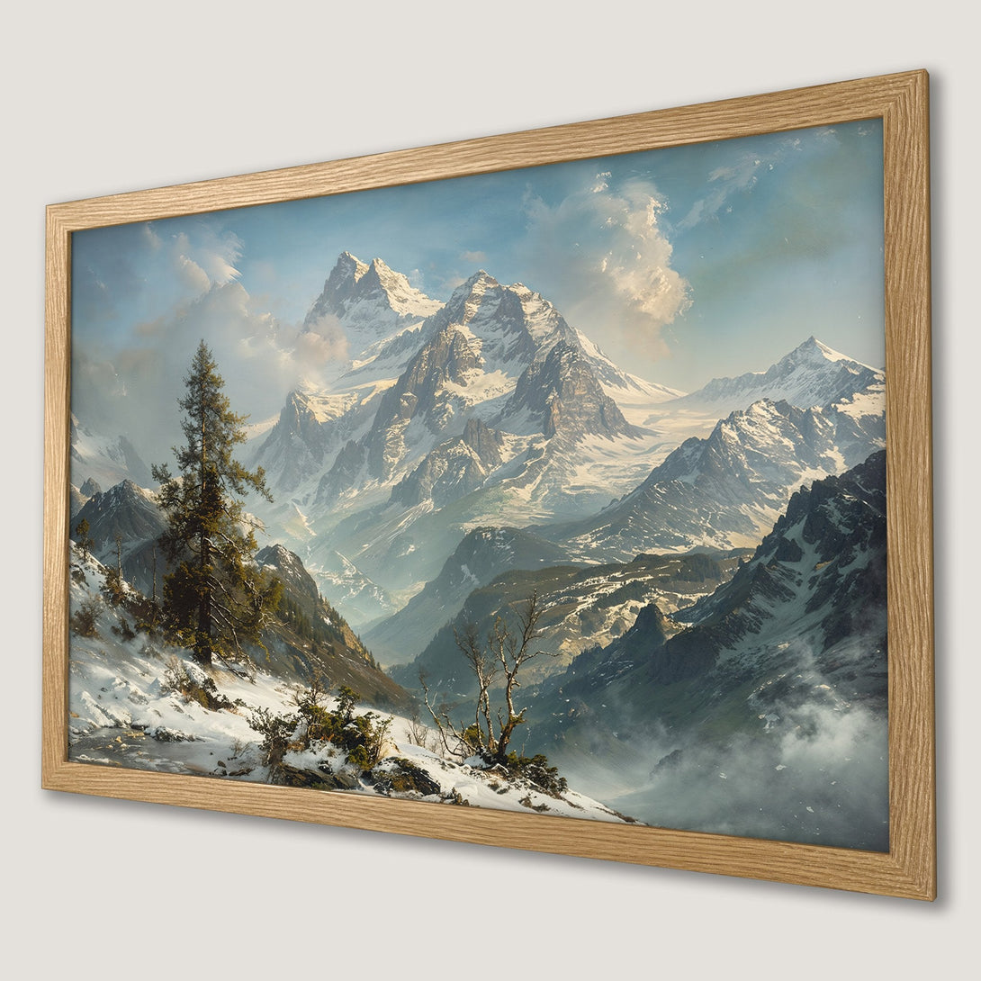 Framed Poster of a majestic mountain landscape in a classic style with a cool, natural color palette. Bring the outdoors in!