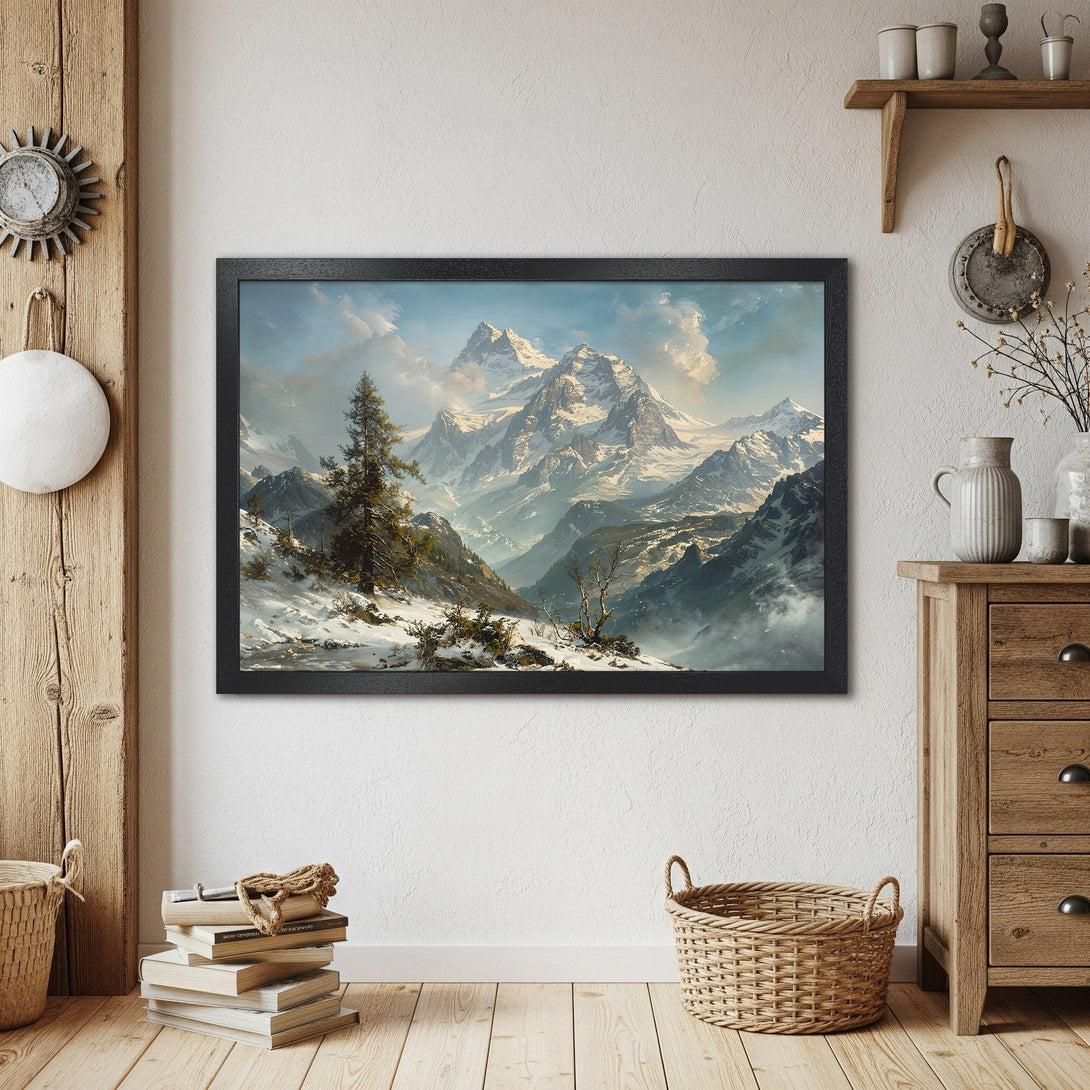 Framed Poster of majestic mountain landscape in a vintage style, featuring a cool blue and white color palette. Perfect wall art!