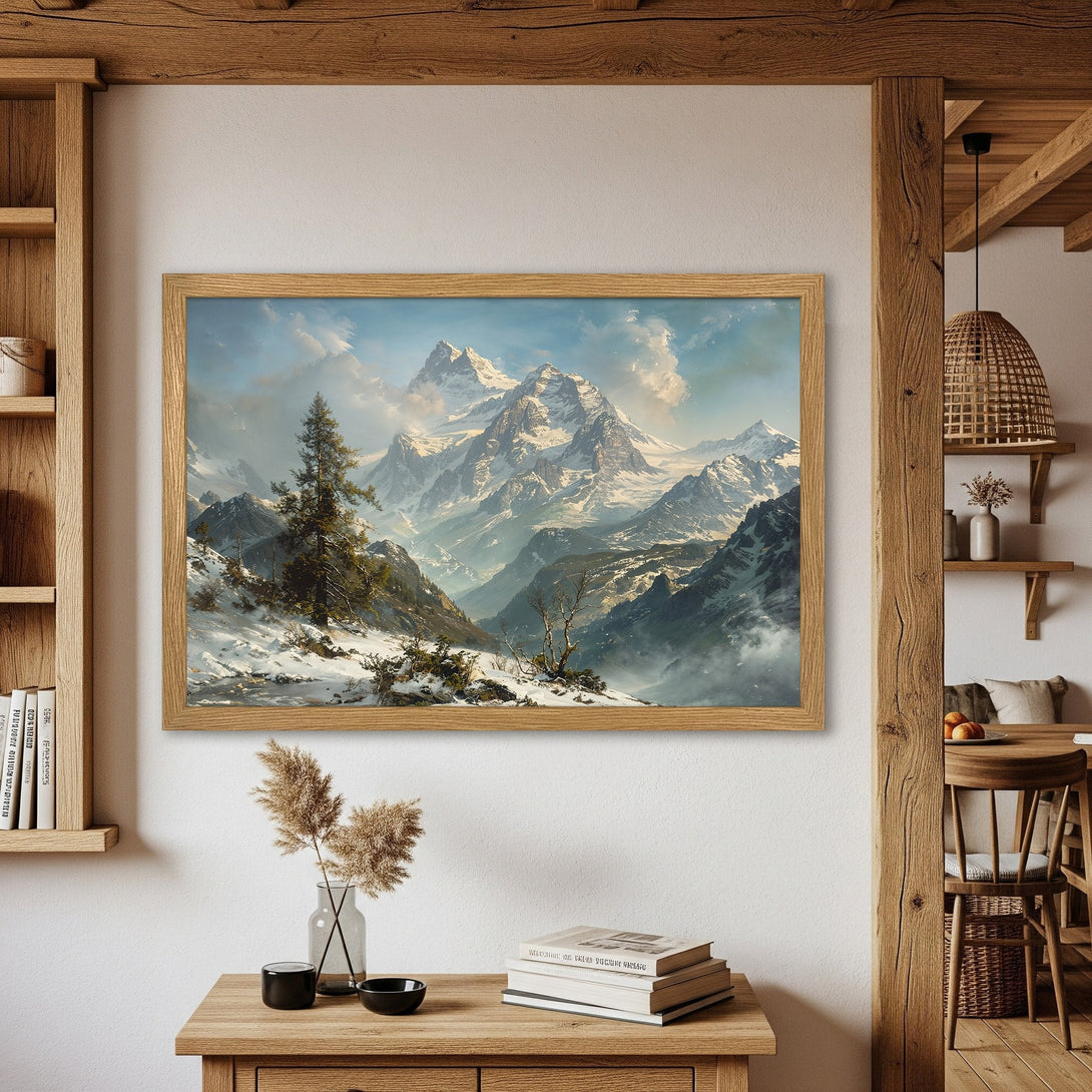 Framed Poster of a majestic mountain landscape in a classic style with a cool, blue-toned color palette. Perfect wall art!