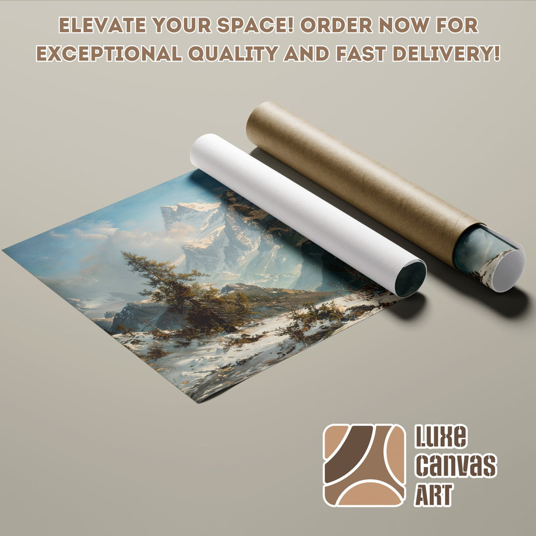 Mountain landscape Poster Roll art print, featuring a cool blue and brown color palette. Order now!