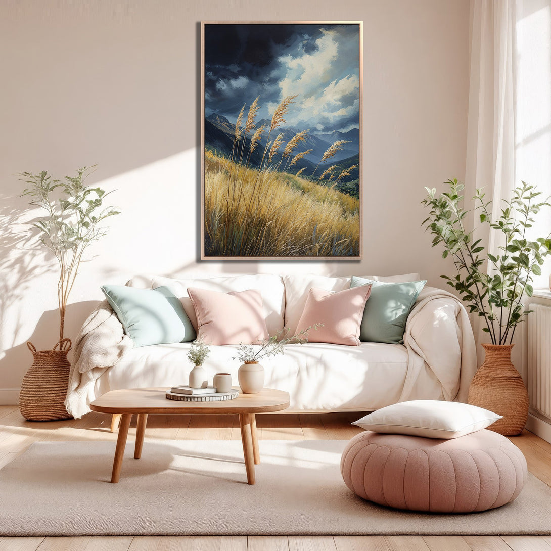 Framed Wall Art: Serene landscape canvas print with wheat fields, mountains, and a moody sky. Earthy tones create a calming aesthetic for your home decor.