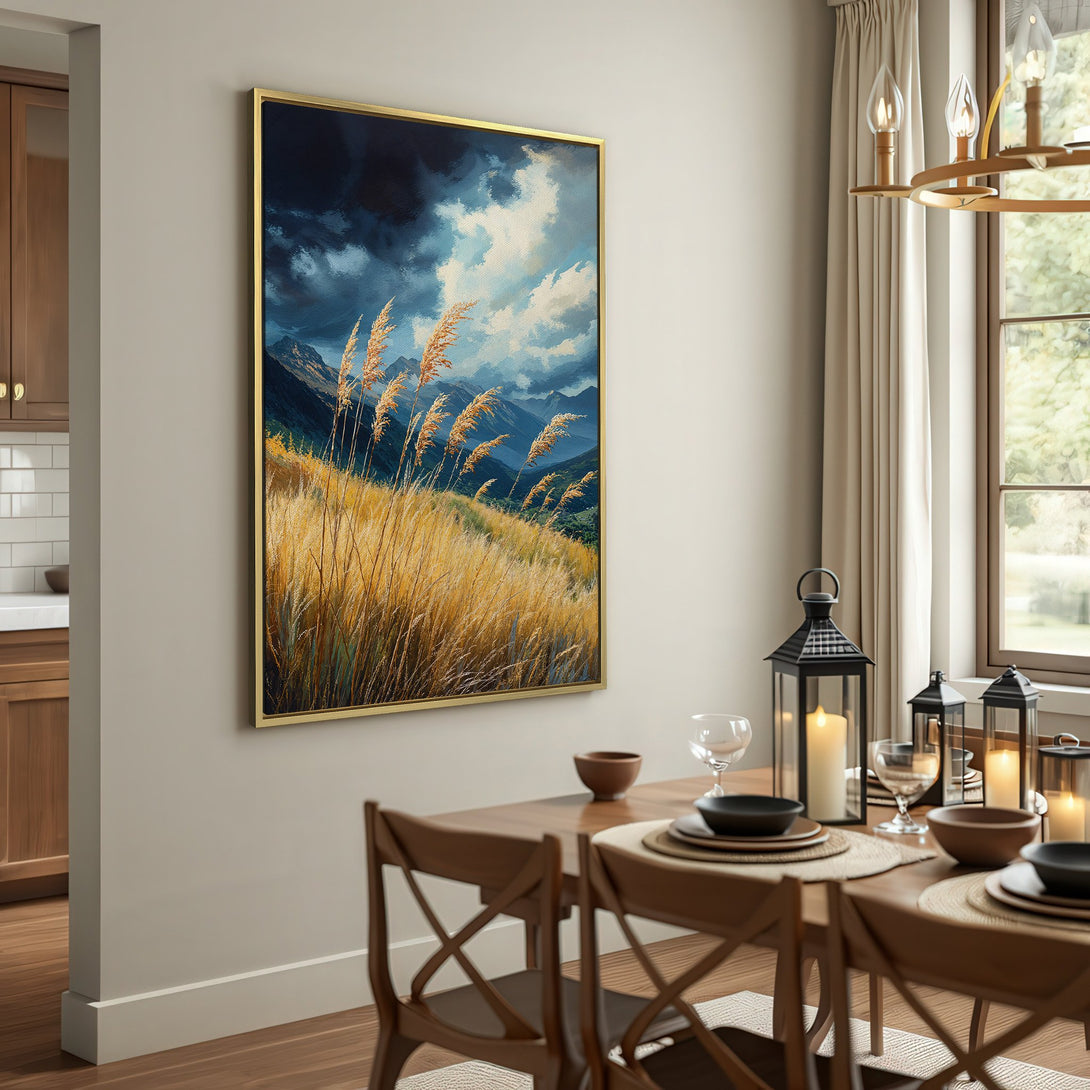 Canvas Print of a landscape painting with golden grasses and mountains, in a warm, neutral color palette. Perfect wall art for your home!