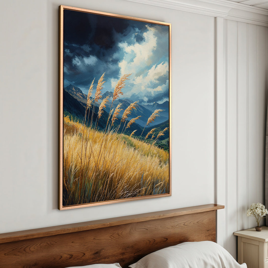 Framed Wall Art: Landscape Canvas Print with golden grasses and mountains under a dramatic sky. Earthy tones create a serene and stylish bedroom aesthetic.
