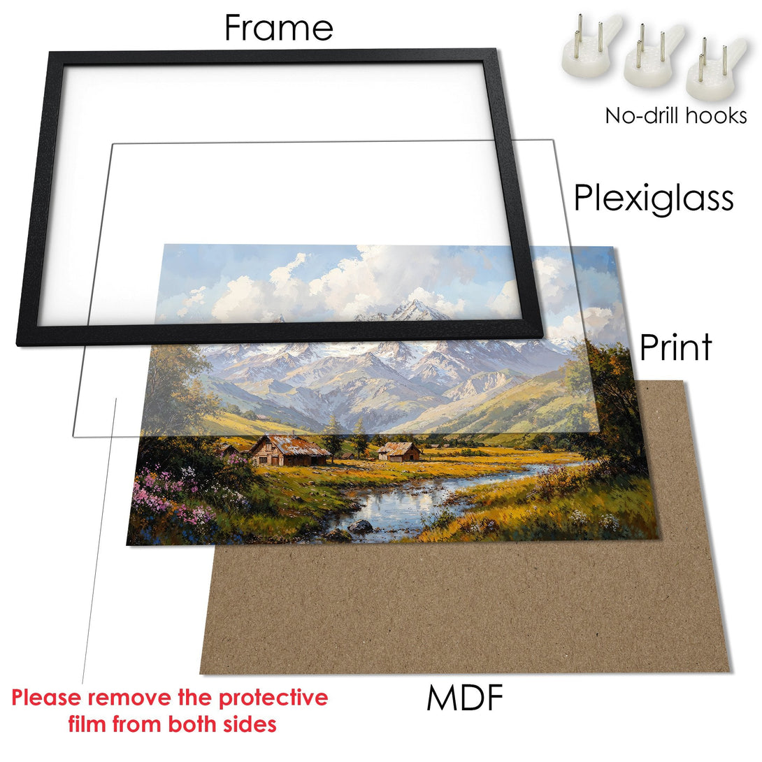 Framed Poster of a mountain landscape painting. Warm color palette with blues, greens, and yellows. Perfect wall art for your home!