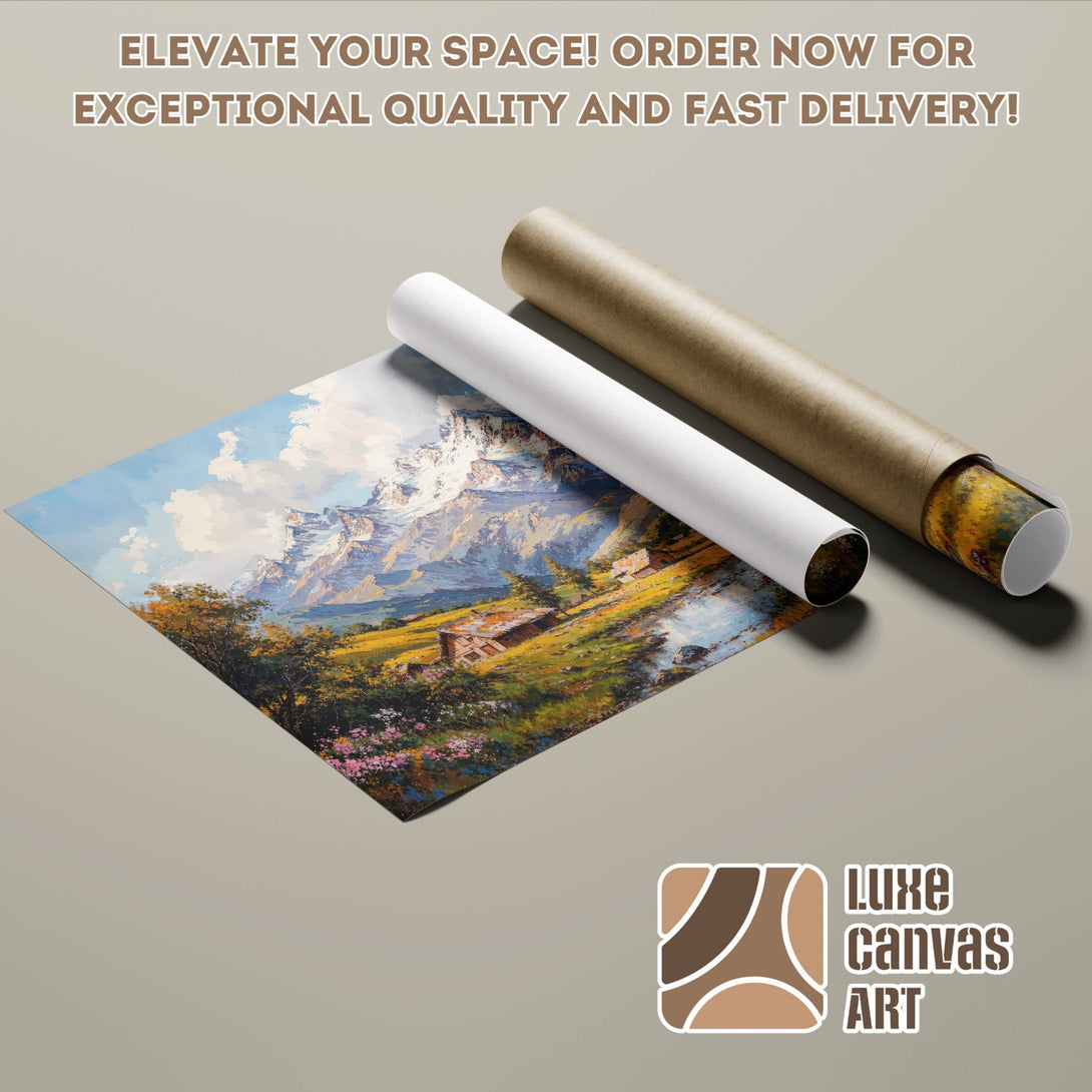 Mountain landscape poster roll, impressionist style, vibrant colors. Elevate your space with Luxe Canvas Art!