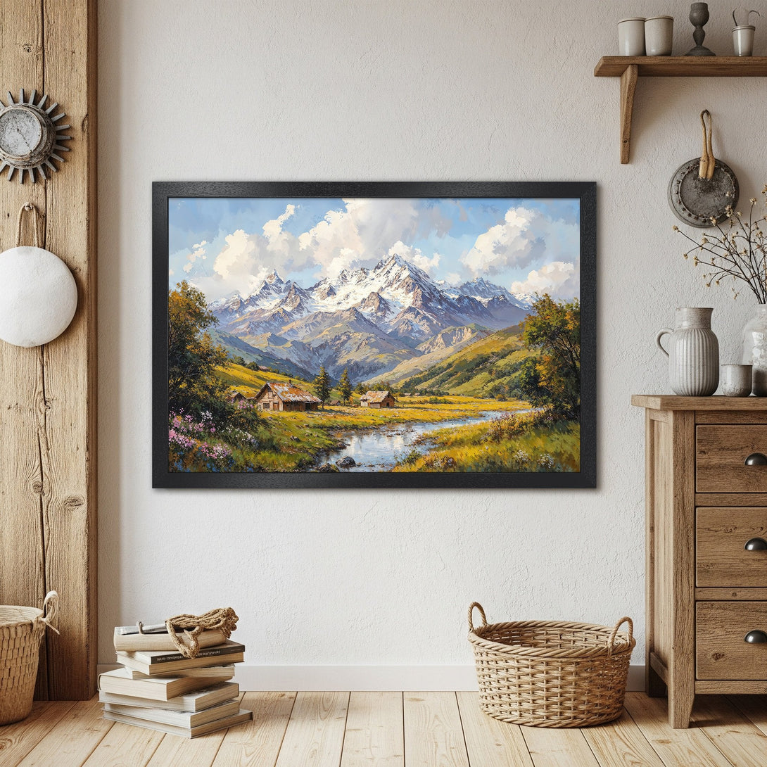 Framed Poster of a mountain landscape painting. Featuring blues, greens, and whites. Perfect wall art for your home.