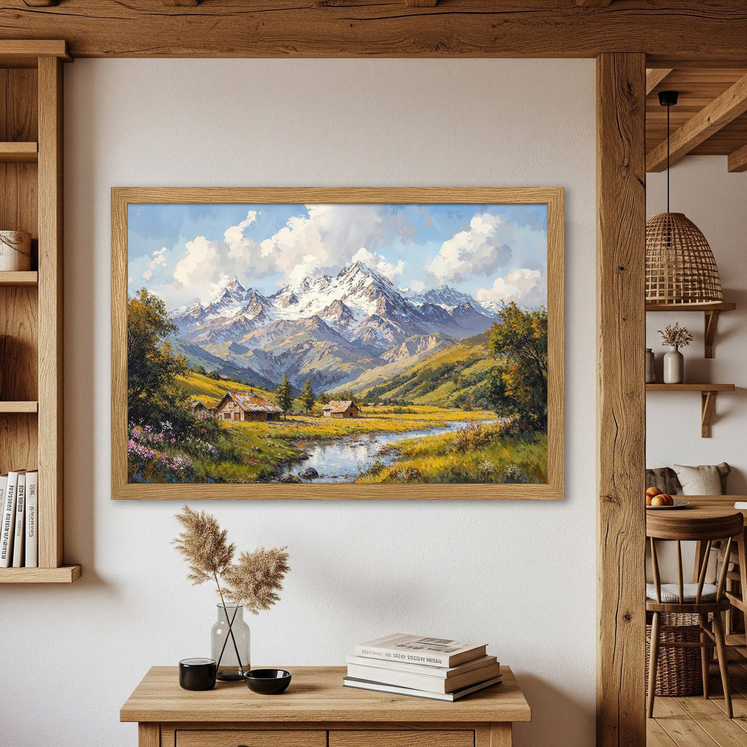 Framed Poster of a mountain landscape painting in a warm, natural color palette. Perfect wall art for your home!