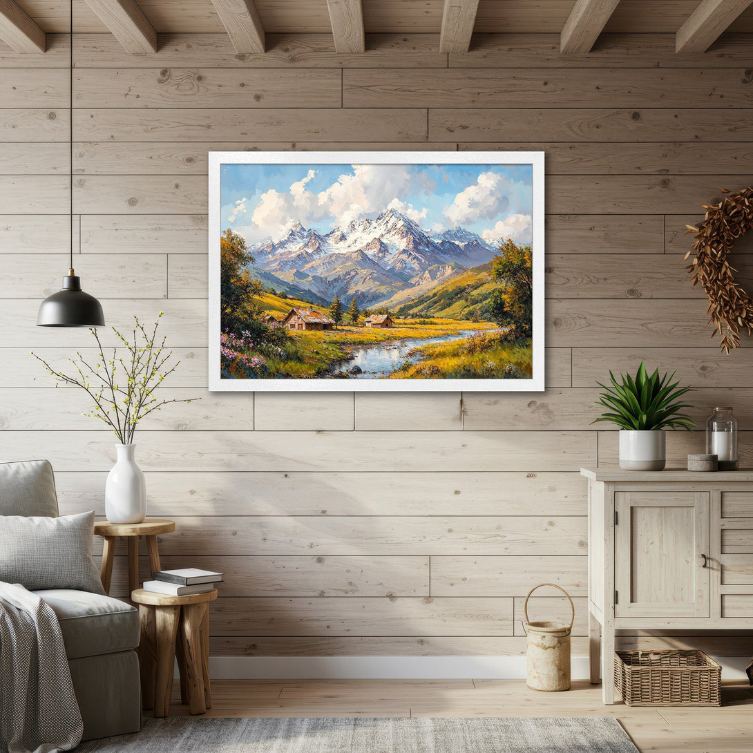Framed Poster of a mountain landscape painting in warm tones. Perfect for rustic decor. Add this beautiful art piece to your home!