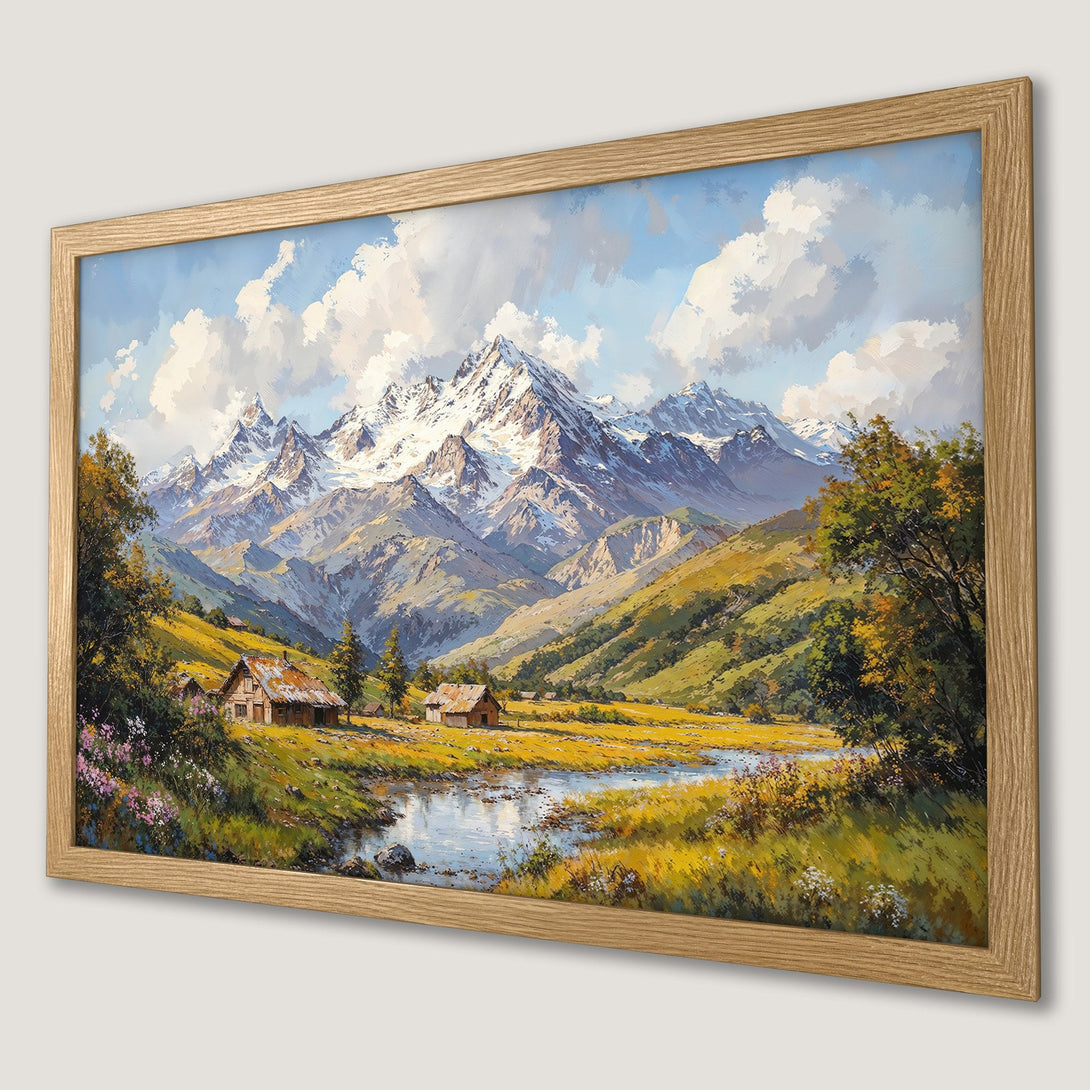 Framed Poster of a mountain landscape painting in a classic style with a warm, earthy color palette. Perfect wall decor!