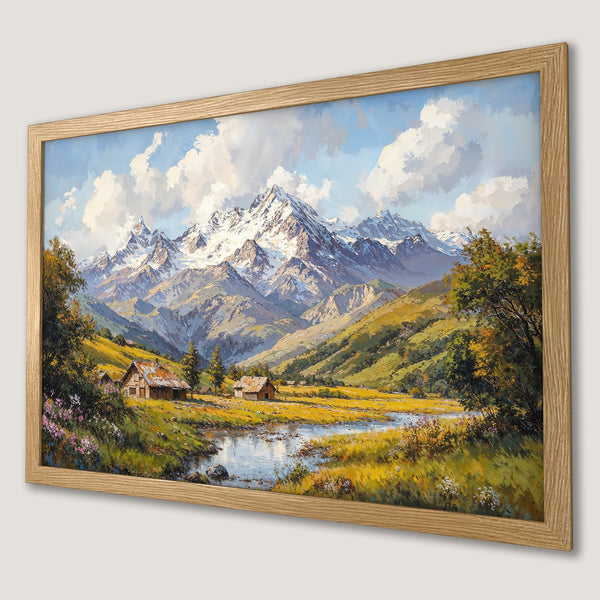Framed Poster of a mountain landscape painting in a classic style with a warm, earthy color palette. Perfect wall decor!