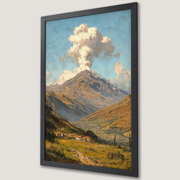 Framed Poster of a mountain landscape in a classic painting style with a warm, earthy color palette.