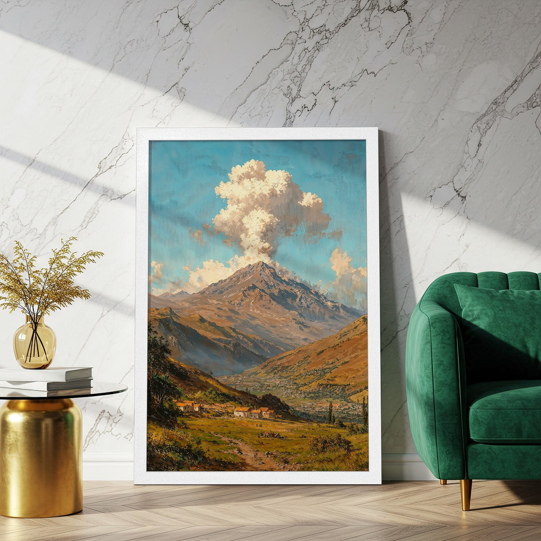 Framed Poster of a mountain landscape in a classic style with warm earth tones and blue sky. Perfect wall art for your home!