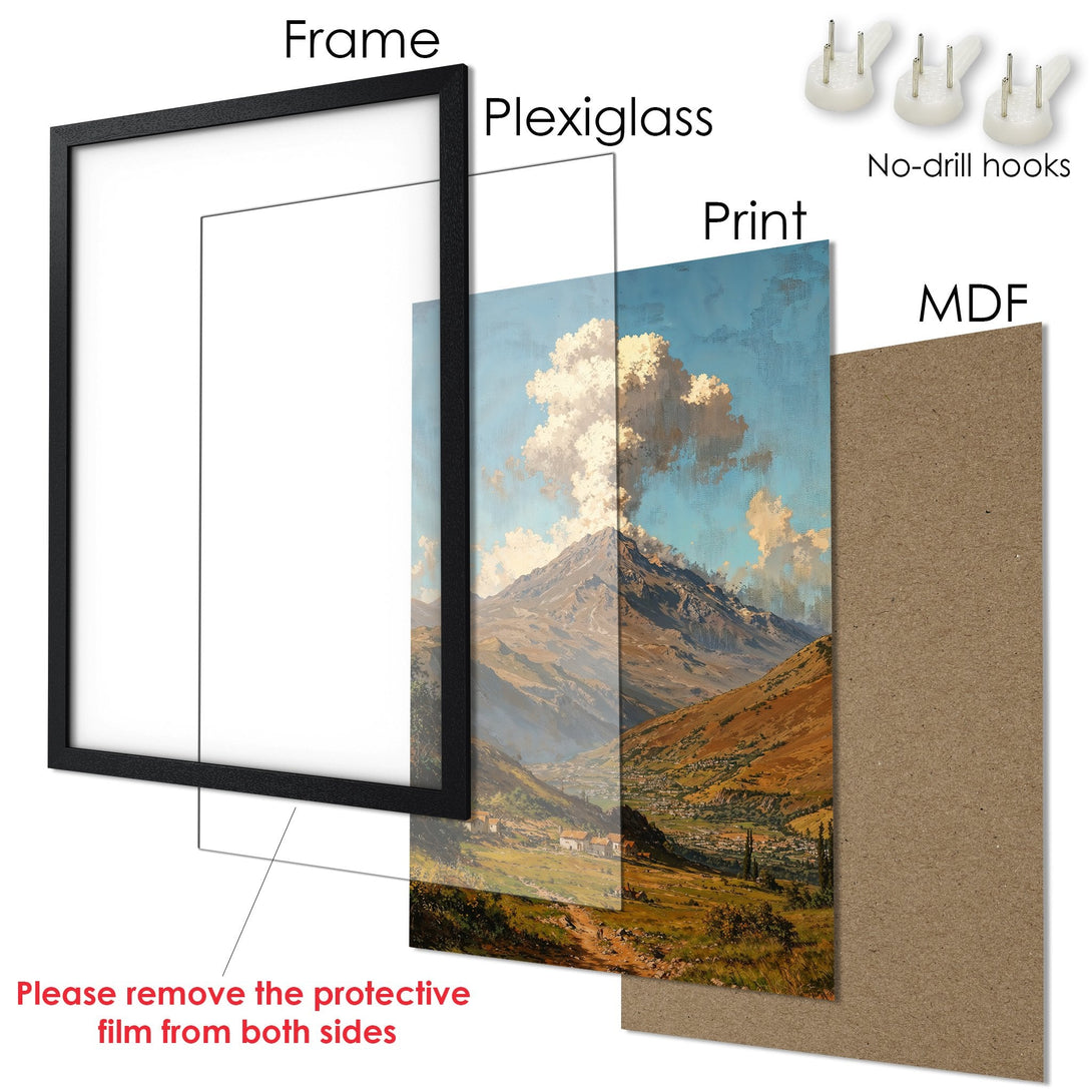 Framed Poster featuring a landscape painting. Warm earth tones and blue sky create a serene aesthetic. Ready to hang art for your home.
