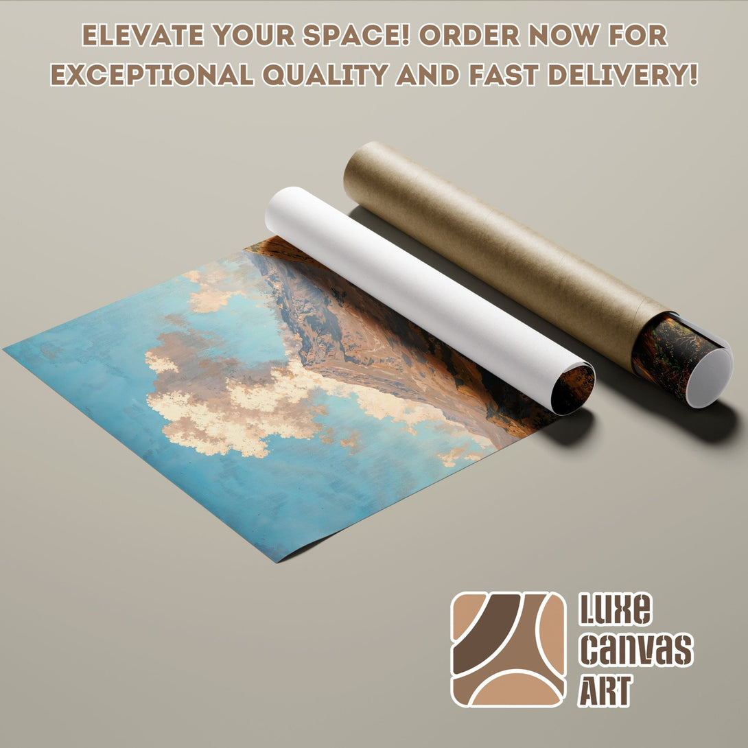 Poster Roll featuring a landscape painting in a vintage style, with a blue, brown, and cream color palette. Elevate your space!