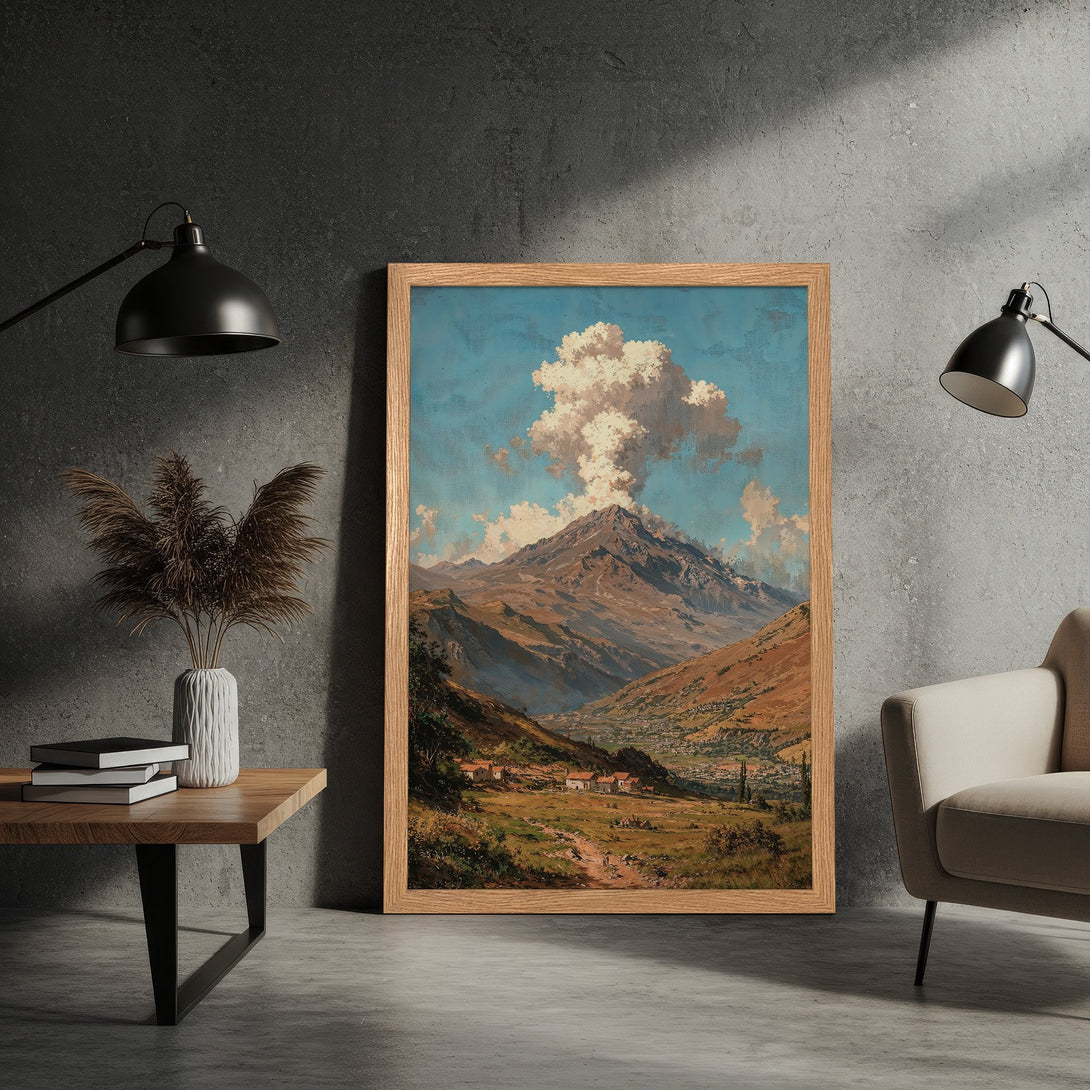 Framed Poster of a mountain landscape in a classic style. Earthy tones with blue sky create a calming aesthetic. Perfect wall art!