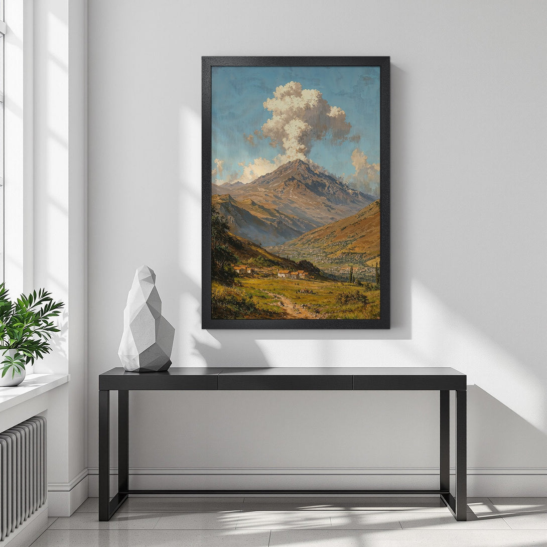 Framed Poster featuring a mountain landscape painting in a classic style with warm earth tones and blue skies. Perfect wall art!