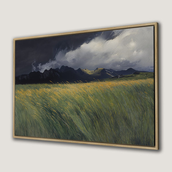 Canvas Print of a dramatic landscape painting with a field of tall grass, mountains, and a stormy sky. Earthy green, yellow, and gray tones.