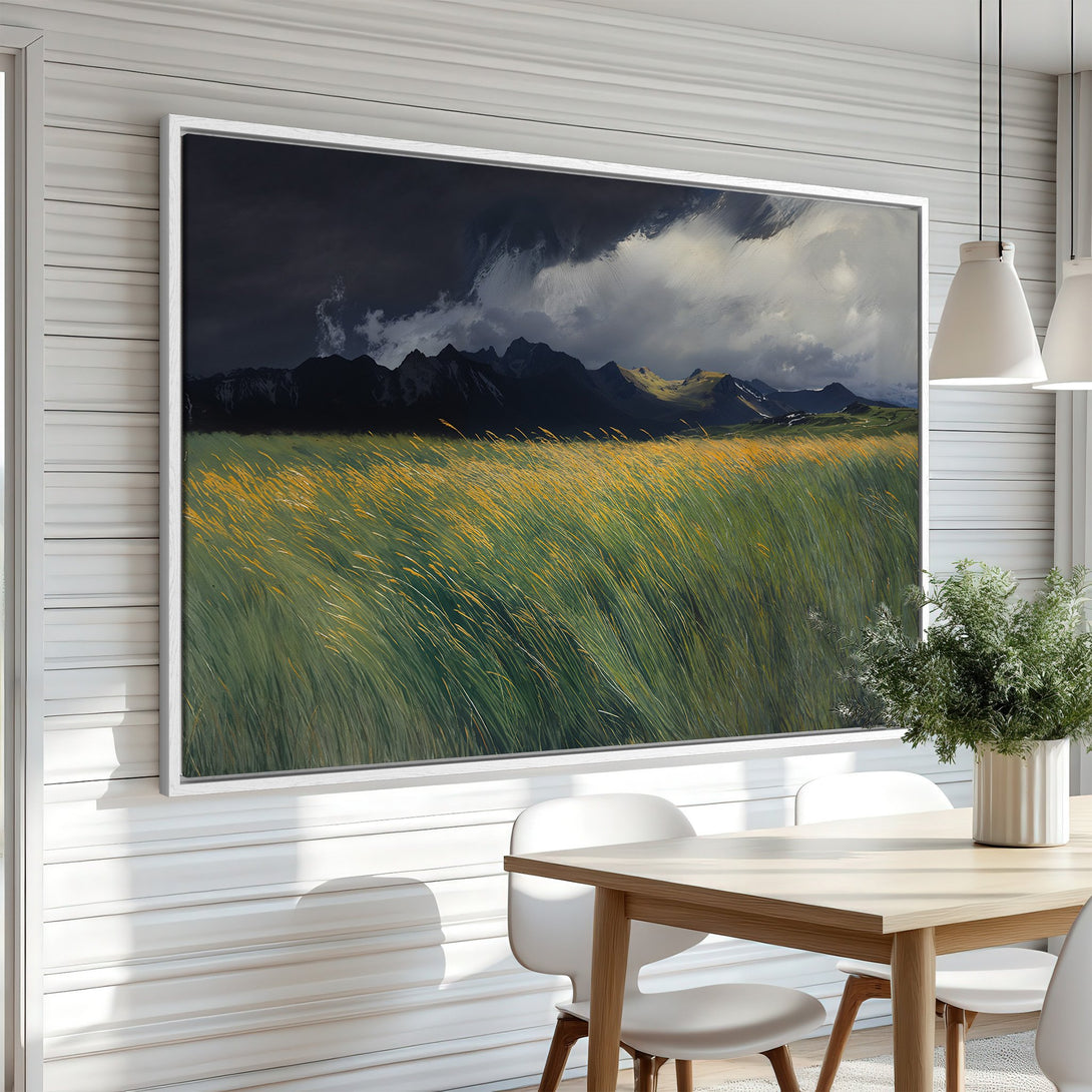 Framed Wall Art: Dramatic landscape Canvas Print with mountains, field, and stormy sky. Earthy green, yellow, and dark blue color palette. Perfect for modern interiors.