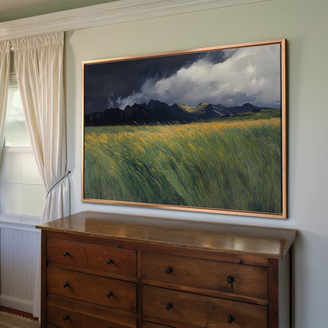 Framed Wall Art: Landscape Canvas Print with mountain scene in green, yellow, and dark blue hues. Perfect for adding a touch of nature to your home decor.