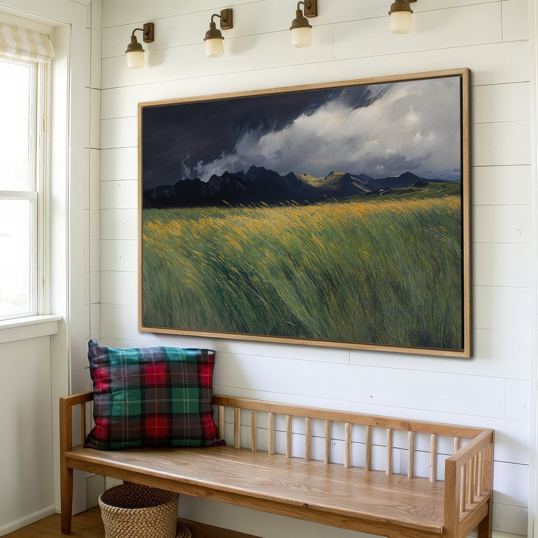 Framed Wall Art: Landscape Canvas Print with moody sky & field of grass. Earthy tones of green, yellow, & dark blue. Perfect for modern farmhouse decor.
