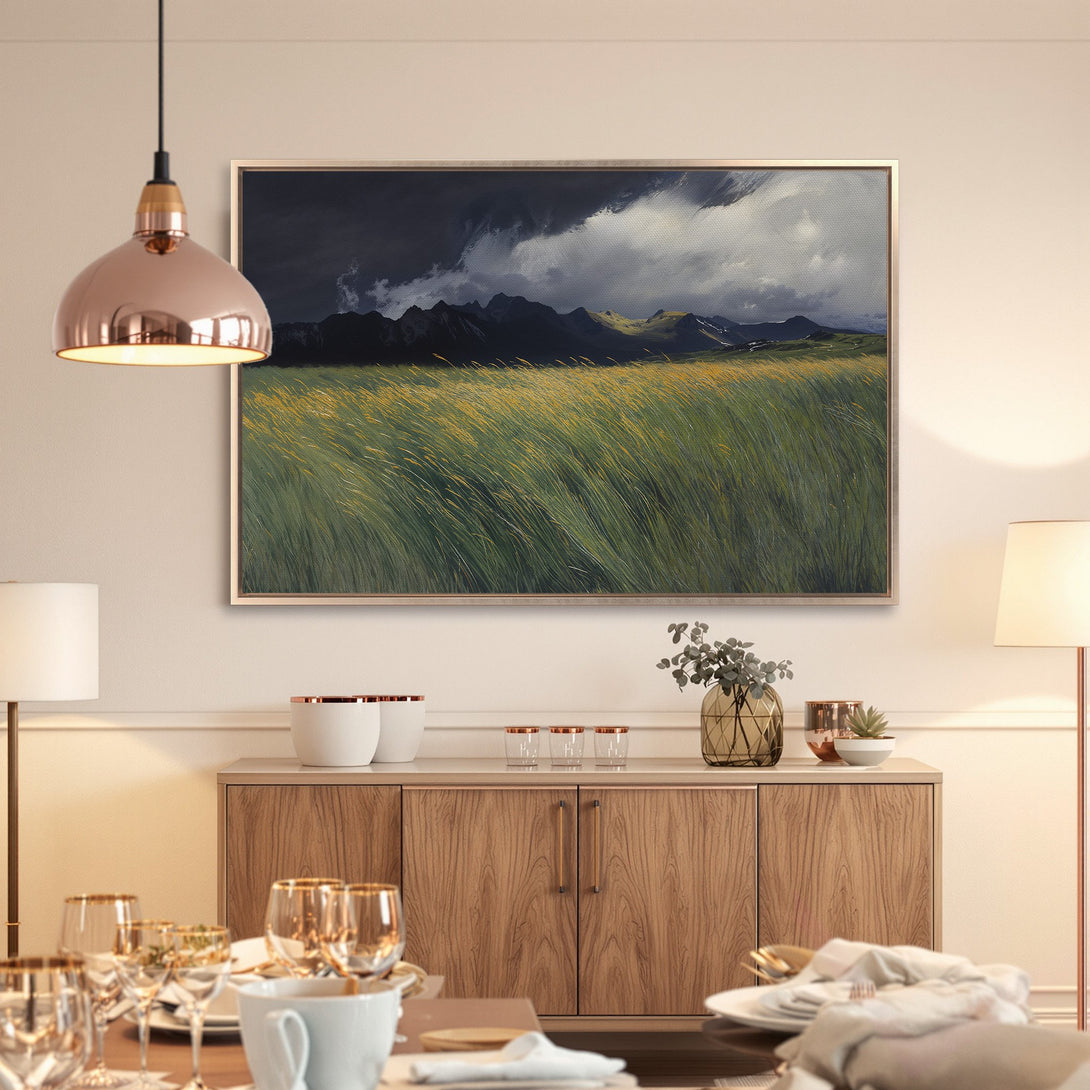 Framed Wall Art: Dramatic landscape Canvas Print with dark mountains, stormy sky, and green/gold field. Perfect for modern home decor.