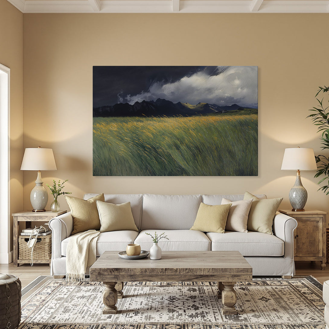 Framed Wall Art: Dramatic landscape Canvas Print with moody sky & grassy field. Earth tones & dark blues create a striking interior accent.