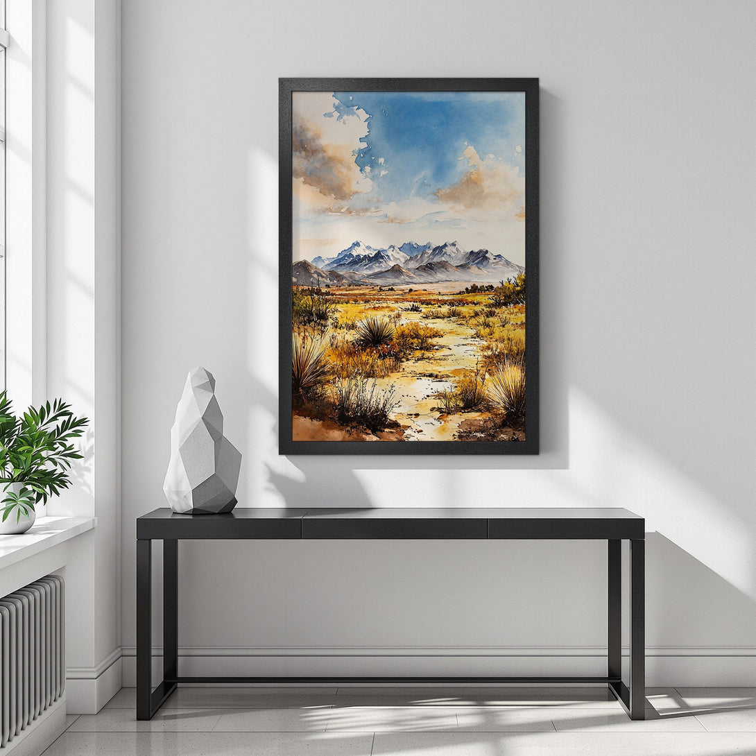 Framed Poster: Watercolor landscape art print with mountains, warm tones, and blue sky. Perfect wall decor!