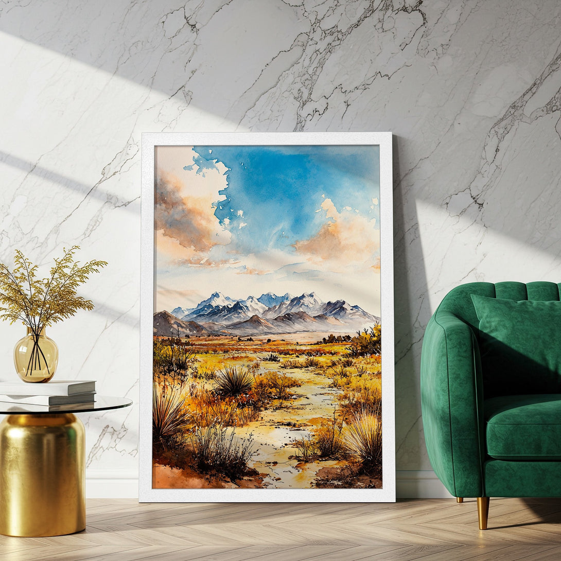 Framed Poster featuring a watercolor landscape with mountains, in a warm, earthy color palette. Perfect art for your home!