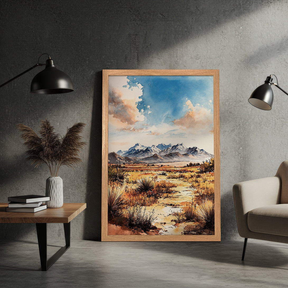 Framed Poster: Watercolor landscape art print with mountain scene, warm earth tones, and blue sky. Perfect wall decor!