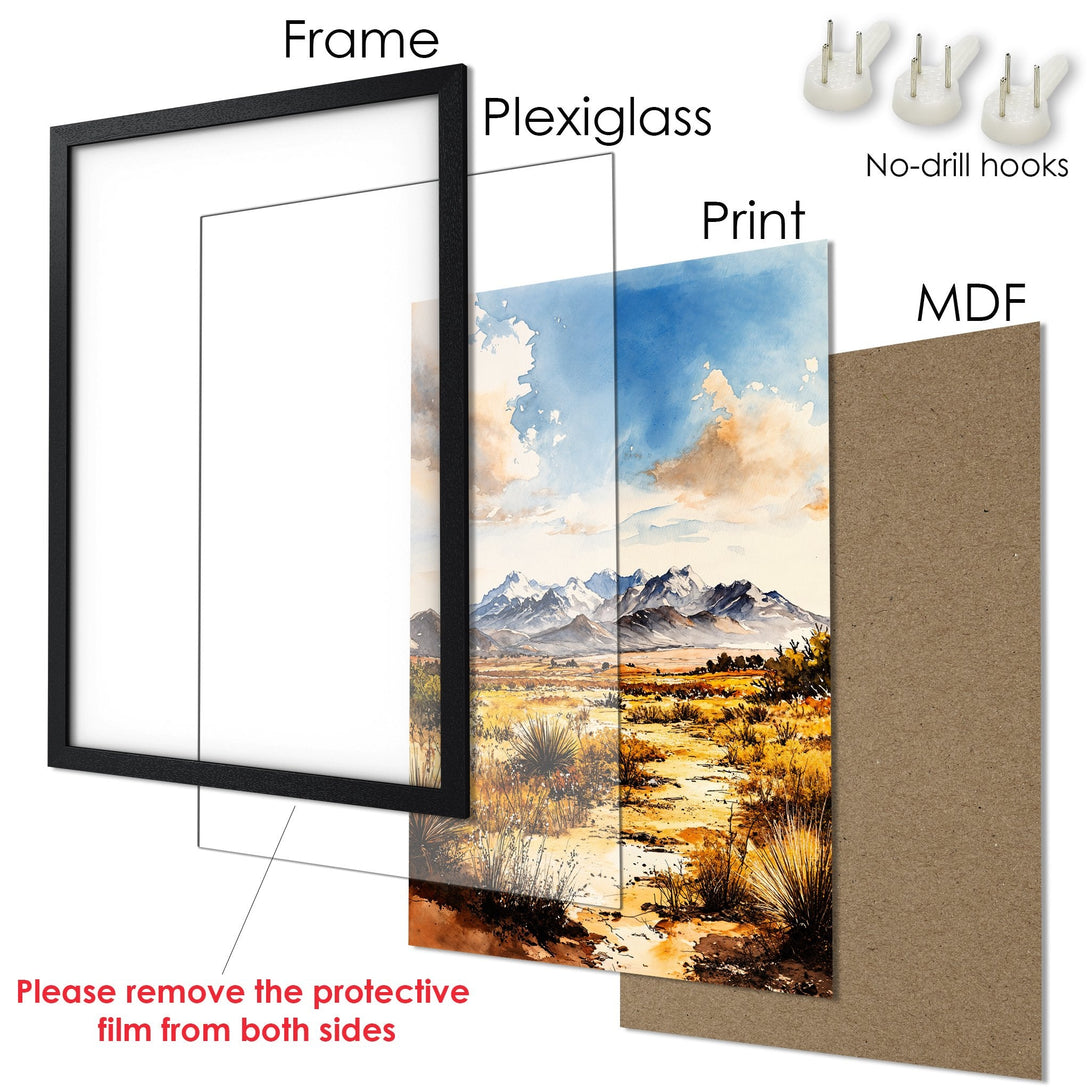 Framed Poster featuring a watercolor landscape with mountains, in a warm, earthy color palette. Perfect wall art!