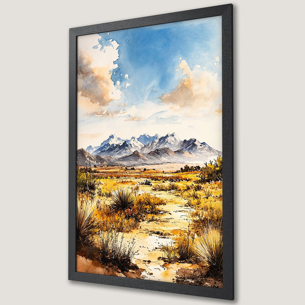 Framed Poster of a watercolor landscape with mountains, desert, and blue sky. Earthy tones and artistic style. Perfect wall art.