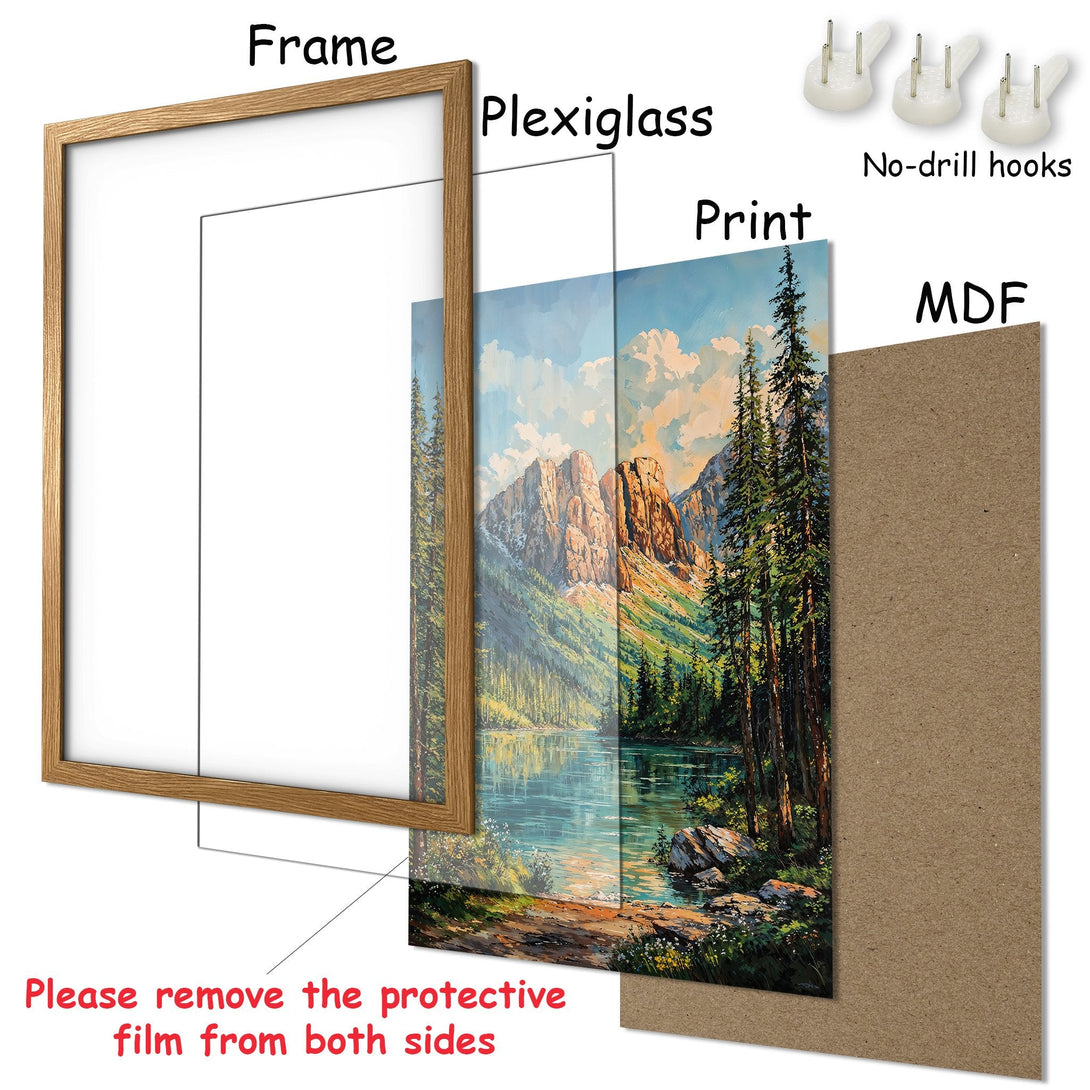 Framed Poster featuring a serene mountain landscape in a natural color palette. Perfect art for your home!