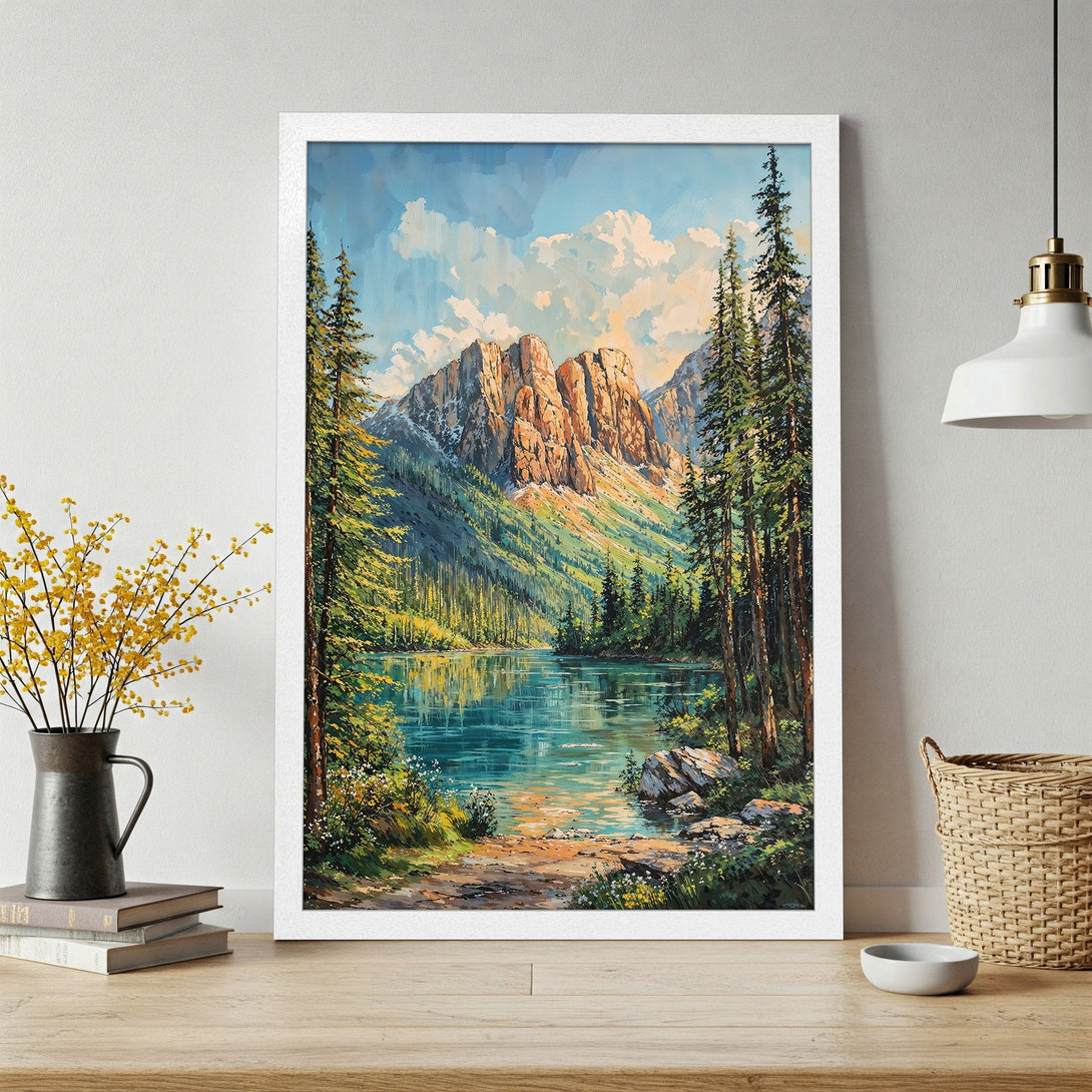 Framed Poster of a serene mountain lake landscape in a painterly style with blue, green, and gold hues. Perfect wall art!