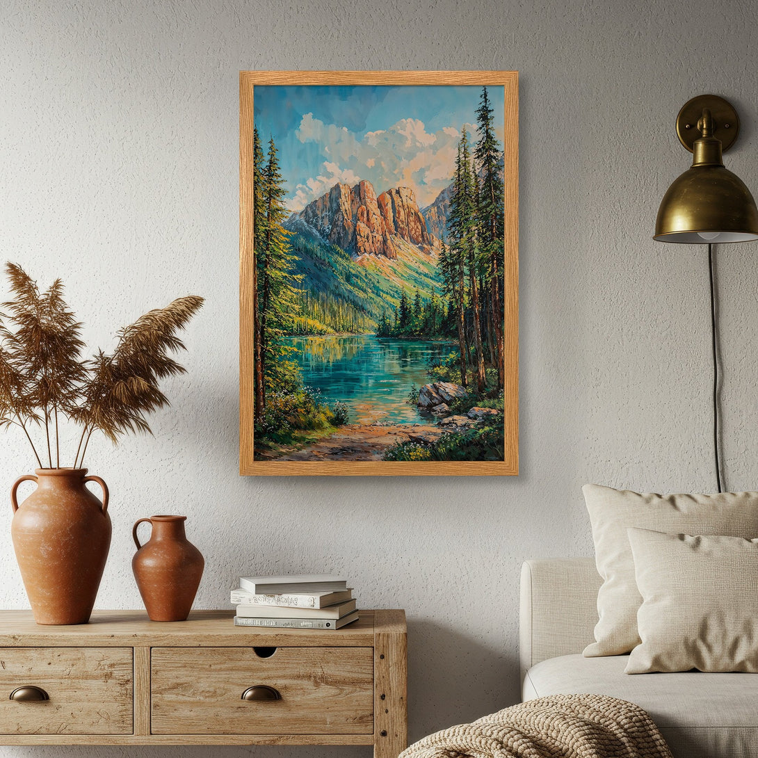 Framed Poster: Majestic mountain landscape art print in warm, natural tones. Bring the beauty of nature into your home!