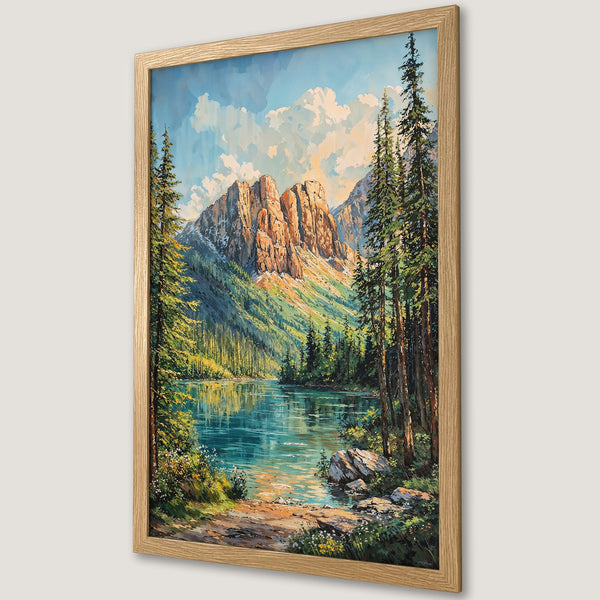 Framed Poster of a mountain lake landscape in a painterly style with a blue, green, and brown color palette. Perfect wall art.